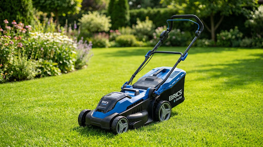 Electric lawn mower on green grass